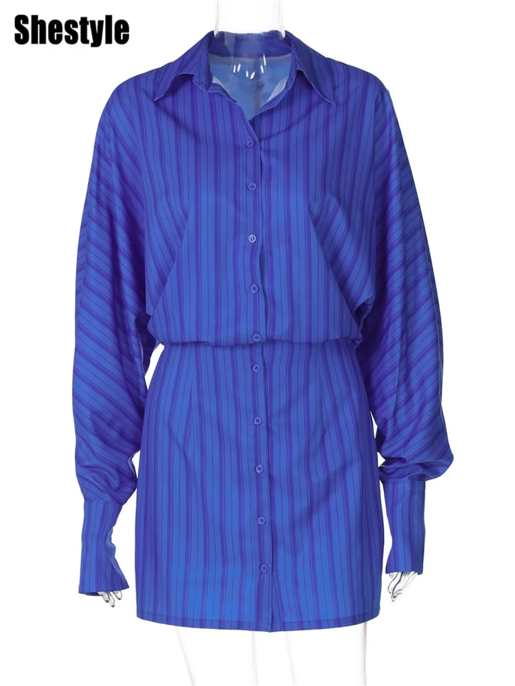 Shestyle Shirts Oversize Blue Striped Dresses Women Sheath Open Stitch Polo Collar Batwing Sleeve Fashion OL Outfit Office Lady