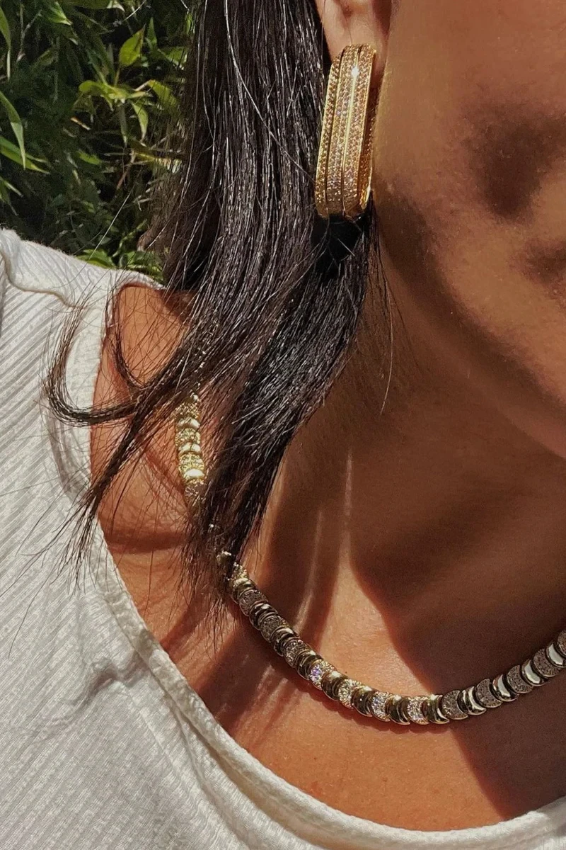 Gold Color Fashion Women Jewelry Set Geometric Shiny Plain Paved 5A CZ Moon Shaped Chain Choker Necklace Bracelet