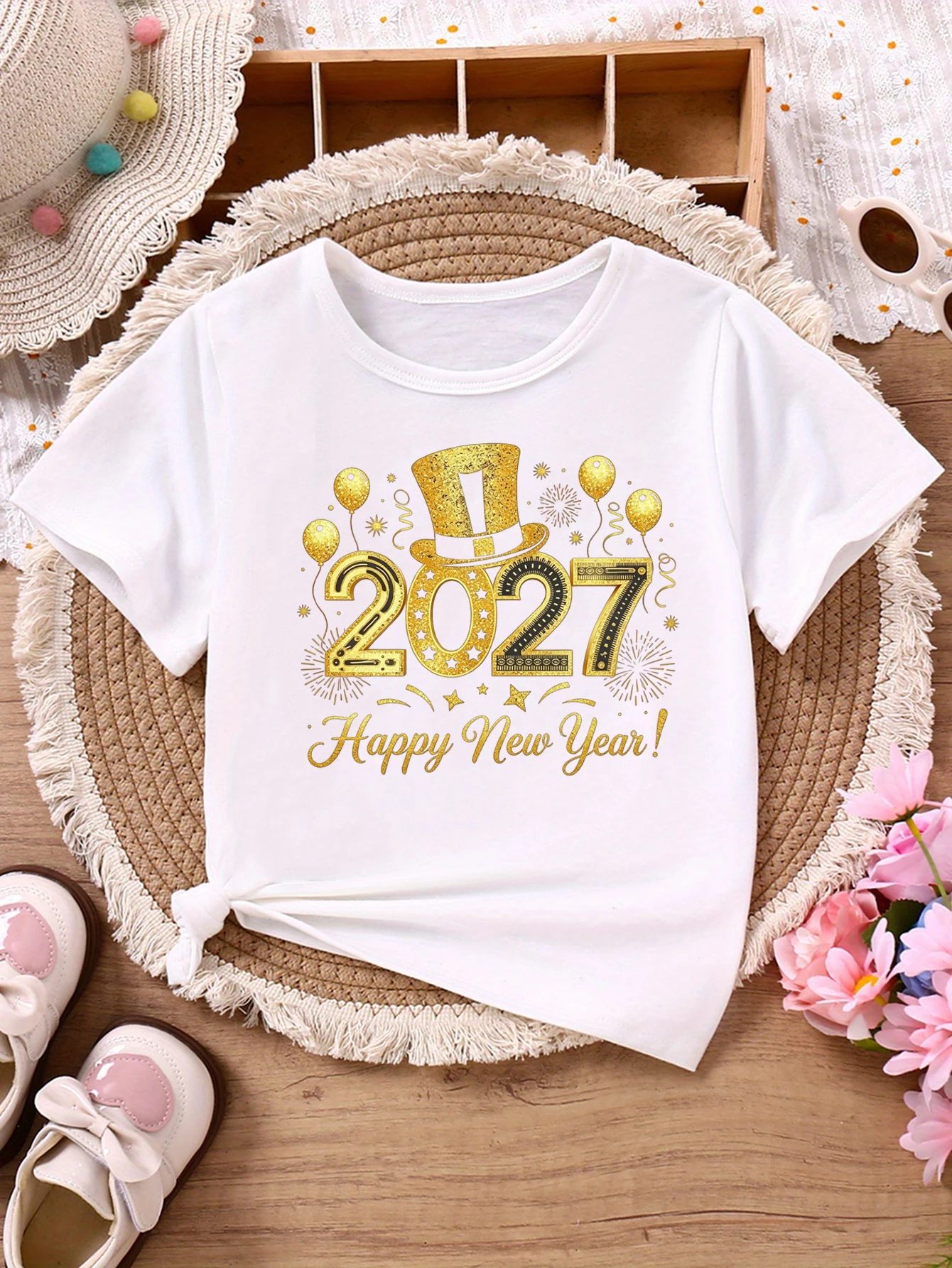 2027 Happy New Year Balloon Printed T Shirt Girls/Boys New Year Gifts T-Shirt Funny Kids Clothes White/Black/Blue/Purple T-Shirt