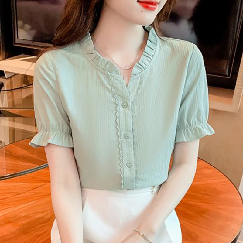 

Sweet Lace Ruffles Lace flare sleeve Blouses Female Clothing 2025 Summer New Loose Solid Color All-match Tops Korean Shirt