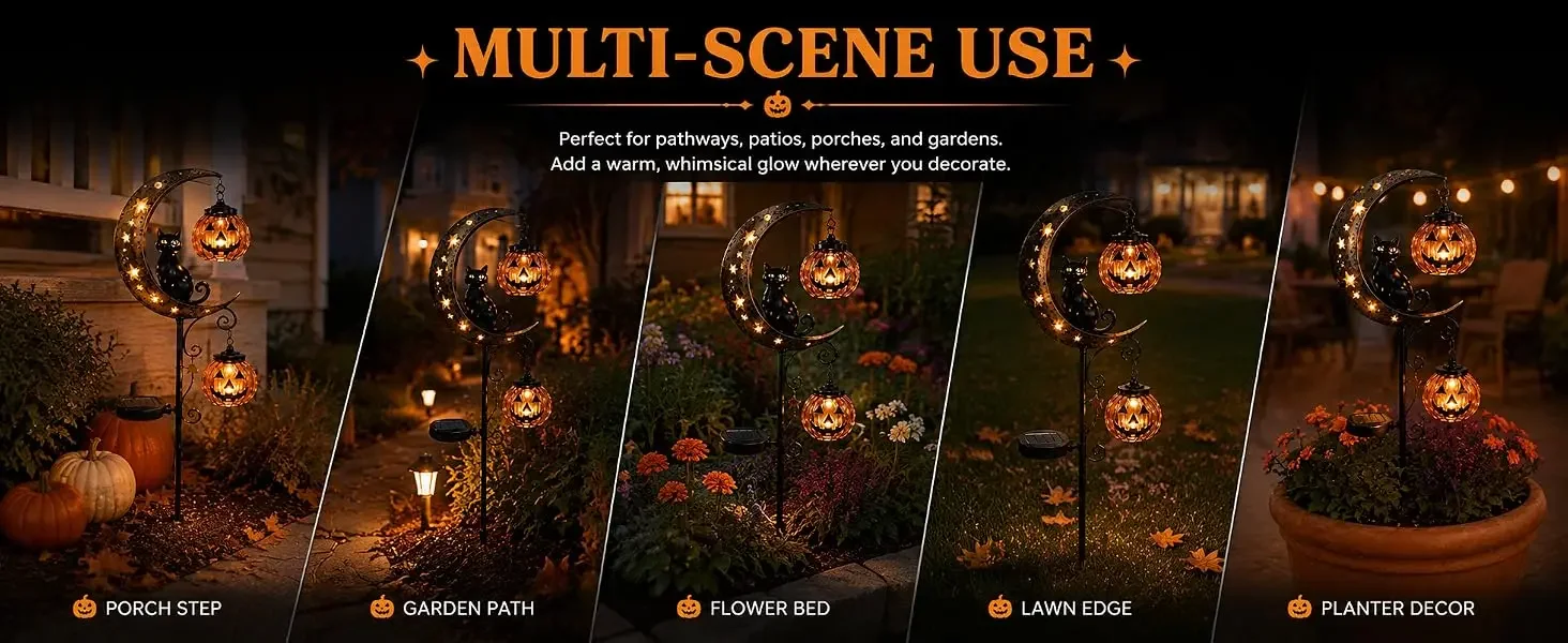 Solar Halloween Black Cat &amp; Pumpkin Moon Garden Stake Light, Outdoor Waterproof LED