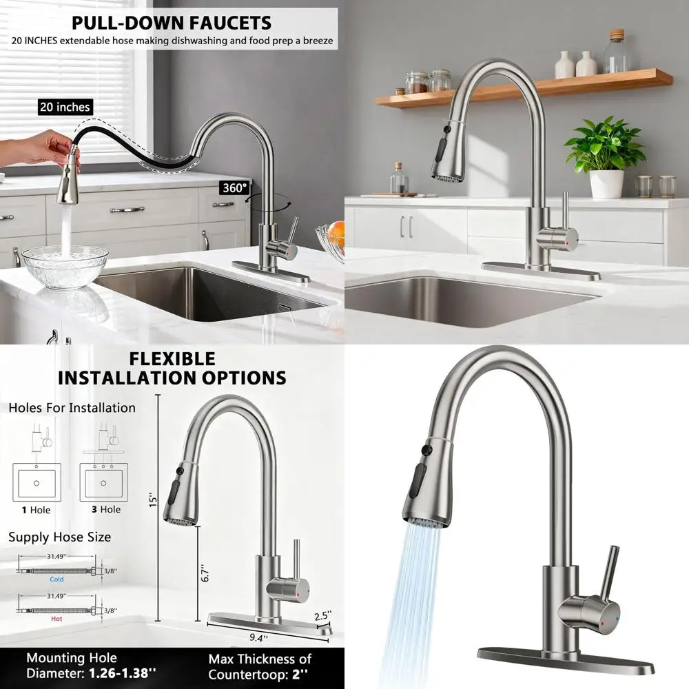 صنبور مطبخ بخاخ قابل للسحب، من الفولاذ المقاوم للصدأ بقوس عالٍ، مقبض واحد لأحواض واحدة أو 3 فتحات، لمسة نهائية من النيكل المصقول، مناسب f