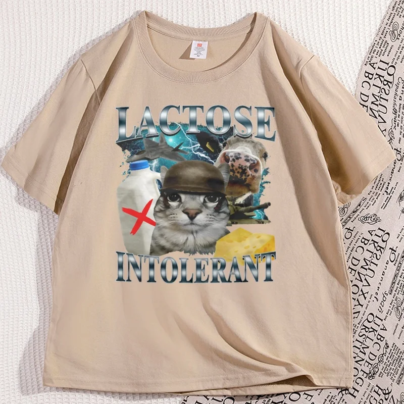Lactose Intolerant Funny Cat Meme T-shirt Humor Silly Cats Tee Cotton Short Sleeve Round Neck Tshirt Streetwear Loose Clothes