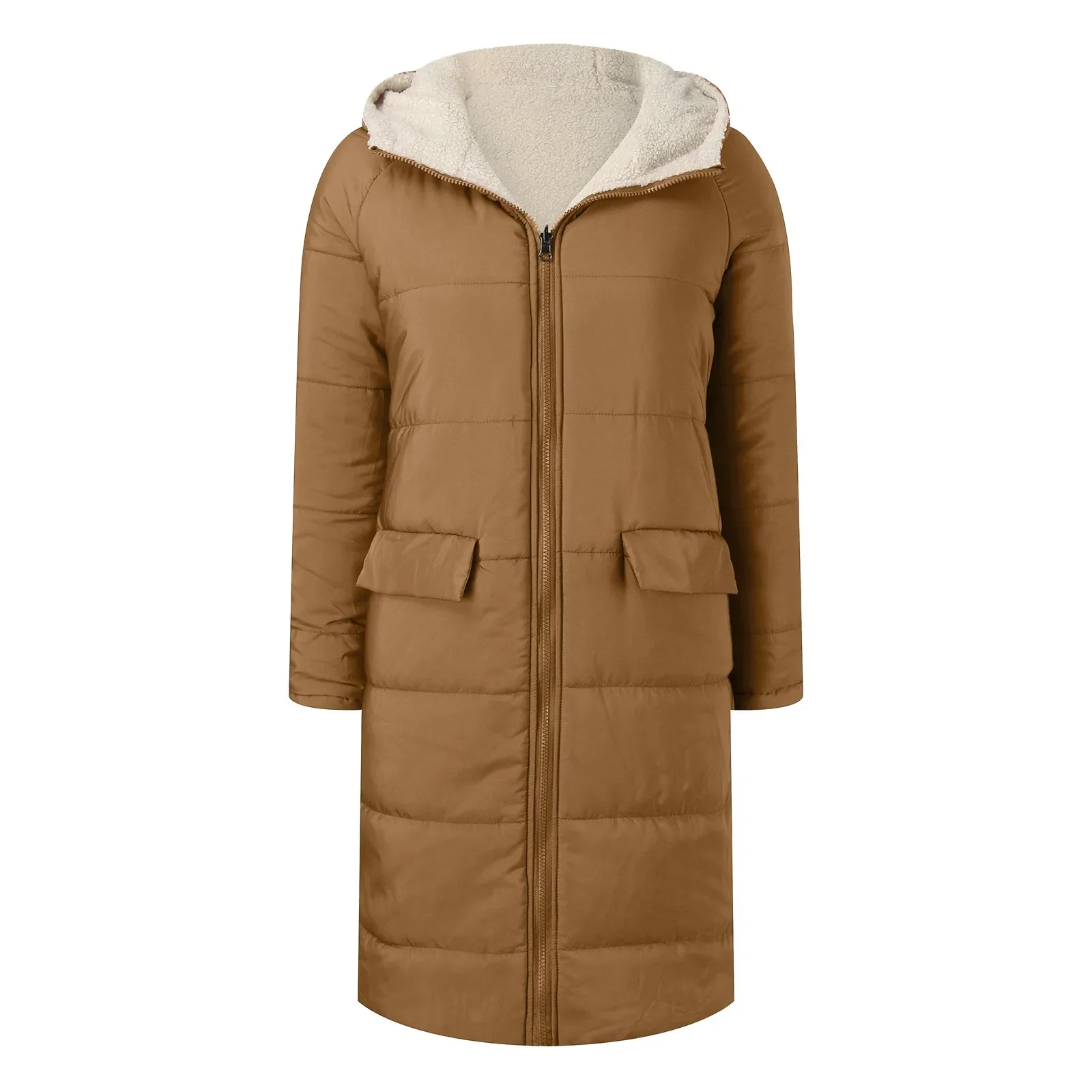 Parka lungo in peluche tinta unita sciolto da donna 2023 nuovo cappotto parka invernale cappotto Casual con cerniera tascabile con cappuccio a