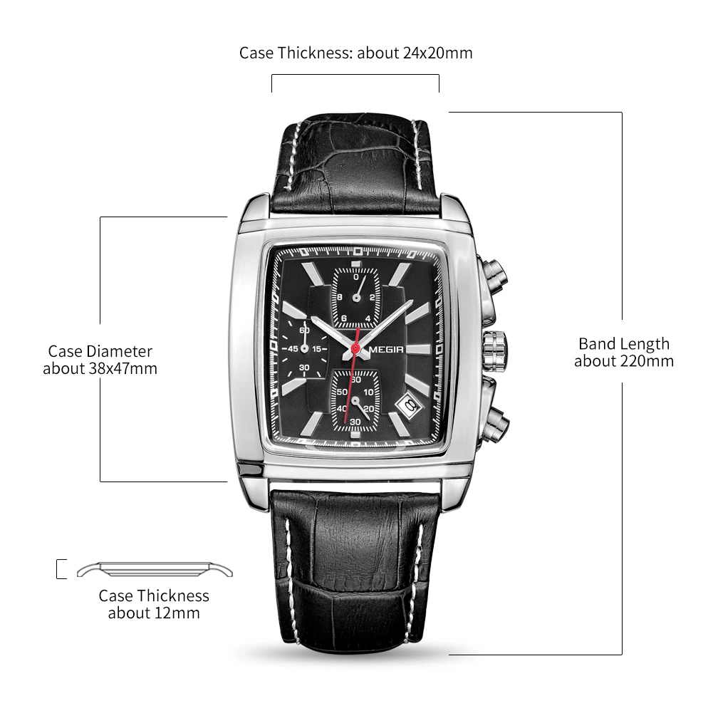 MEGIR Men Wristwatch Casual Top Brand Military Watches Rectangle Quartz Chronograph Leather Man Watch 2028 Relogio Masculino