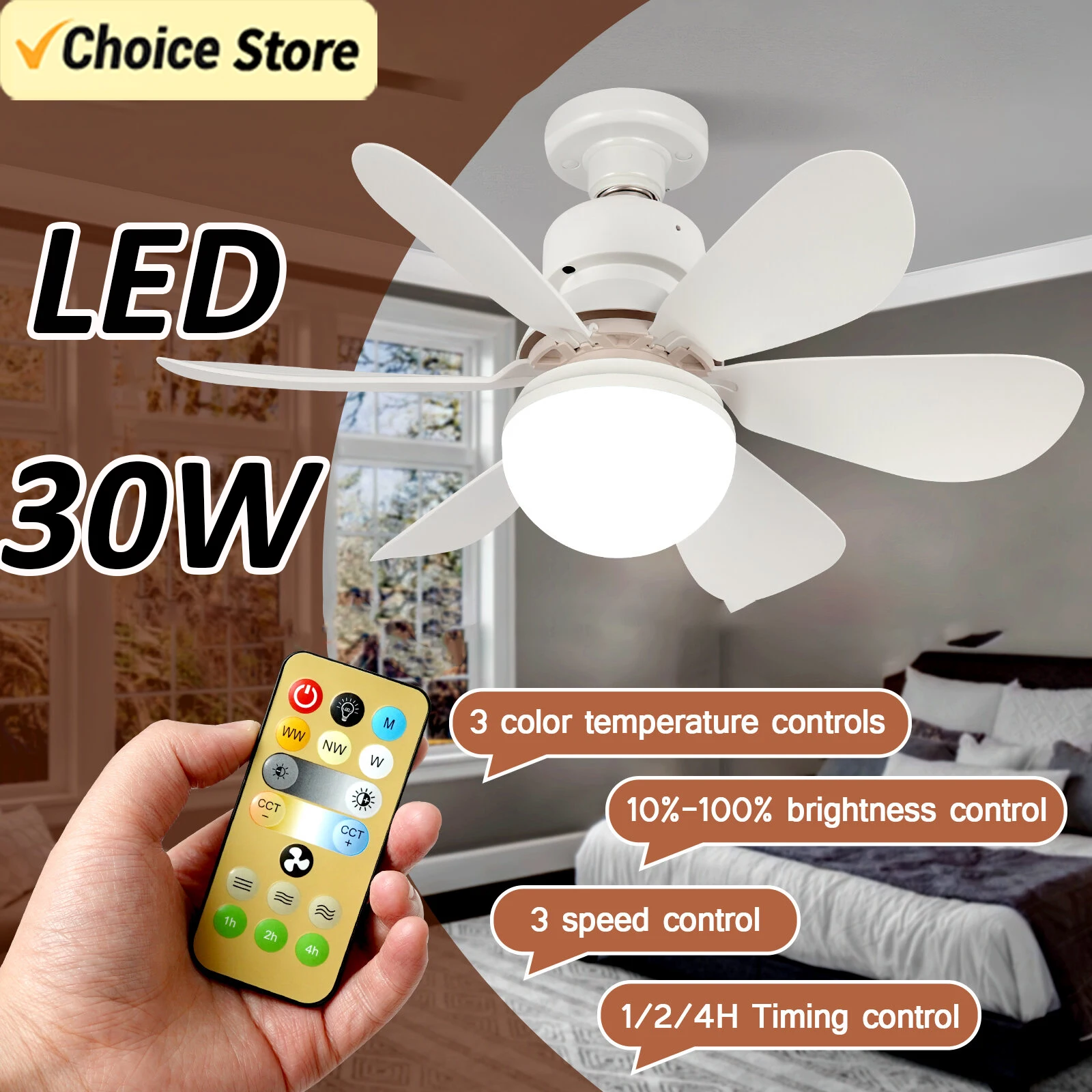 LED 30W Intelligent Chandelier Fan for Bedroom and Living Room Lighting with Remote Control, Dimmer and Speed Control