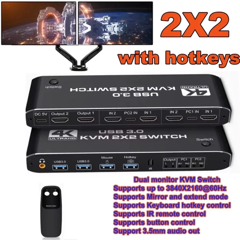 Dual Monitor KVM Switch 2 Monitors 2 Computers Ultra HD 4K Dual Display 2.0CH Audio Extractor HDMI-Compatible KVM Switcher