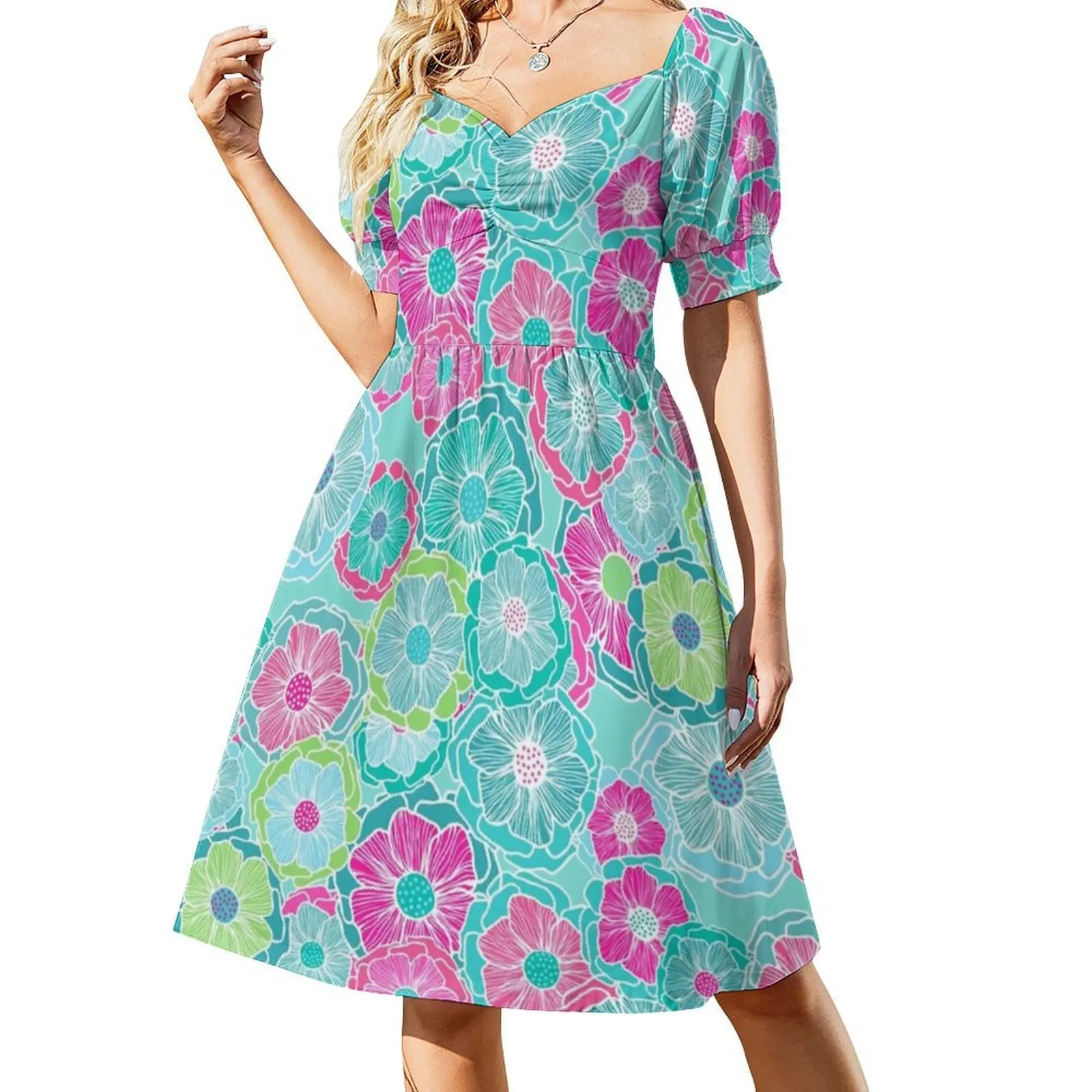 الخيال الأزهار في جريئة الألوان الاستوائية المرأة الشارع الشهير حزب اللباس العصرية طباعة نادي الملابس للإناث الوردي الأزرق الأصفر #2