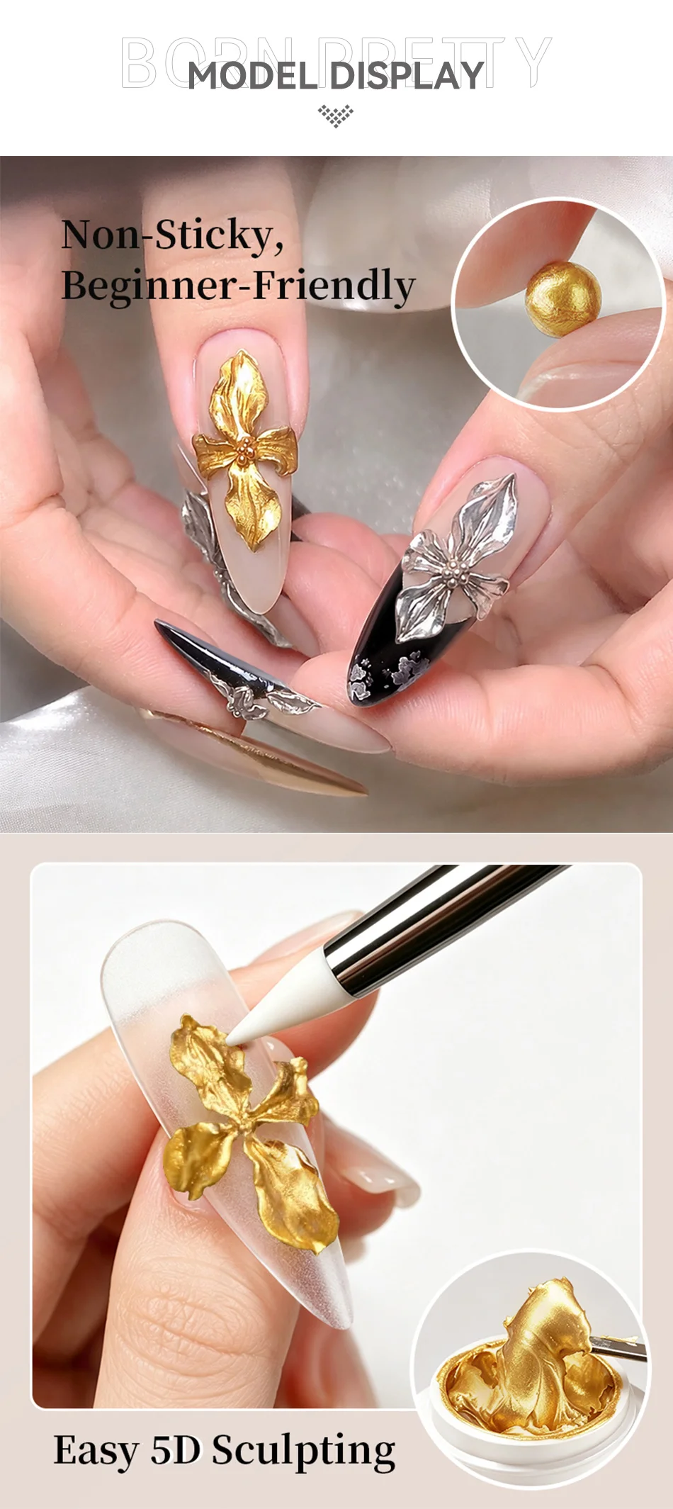 BORN PRETTY 1/2/3 Stück Metallic 5D Sculpting Gel Nagellack-Set 5ml Gold Silber Nicht-Fließend Hochsättigendes Nagel-Formungs- und Modellierungs-Gel – Detail 3