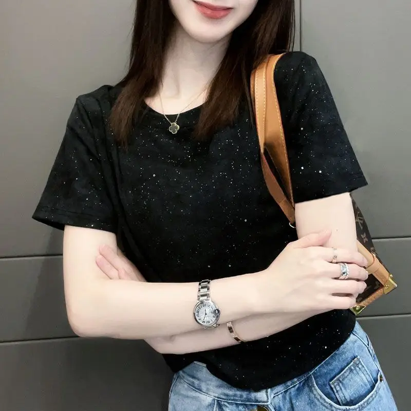 Elegant Harajuku Slim Fit Female Clothes Loose Casual All Match Tshirts Patchwork Solid Pure Cotton Short Sleeve TeesYY132