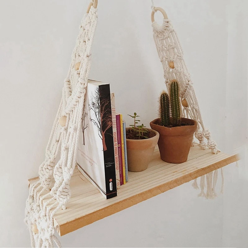 Macrame Wall Hanging Hand Woven Tapestry Rack Wooden Shelf Partition Frame Plant Holder Bohemian Decorative