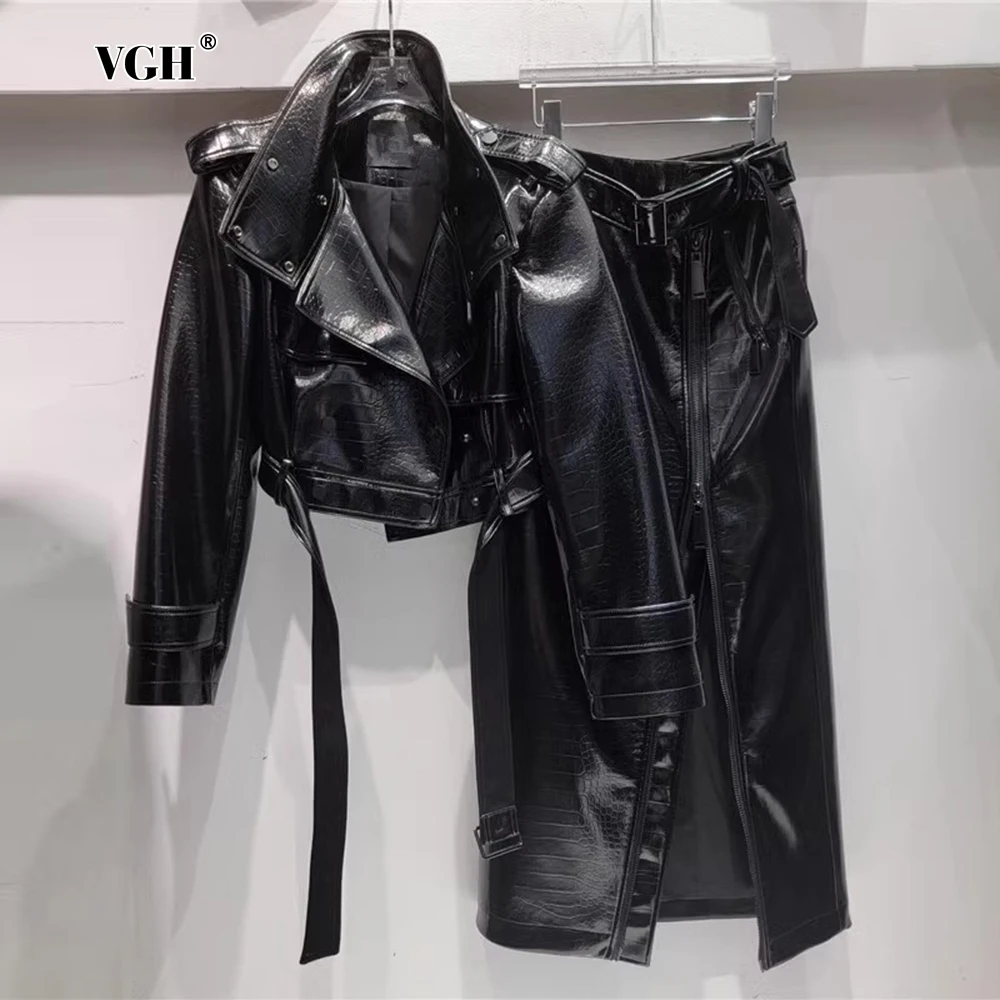 VGH Pu Leather Two Piece Set For Women Lapel Long Sleeve Jacket High Waist Spliced Zipper Skirts Moto Dark Style Suit Female New