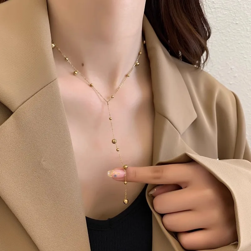 316L Stainless Steel Gold Color Beads Long Pendant Necklace For Women Fashion Choker Clavicle Chain Jewelry Gift Wedding image 4