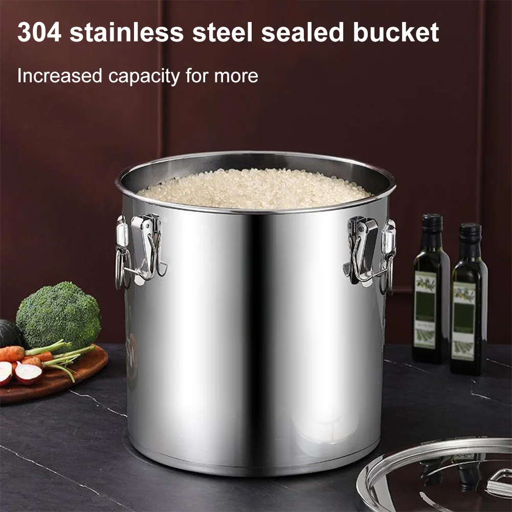 6/12/21/33L 304 Stainless Steel Food Storage Container with Seal Lid Food Oil Sugar Milk Storage Bucket for Household Kitchen