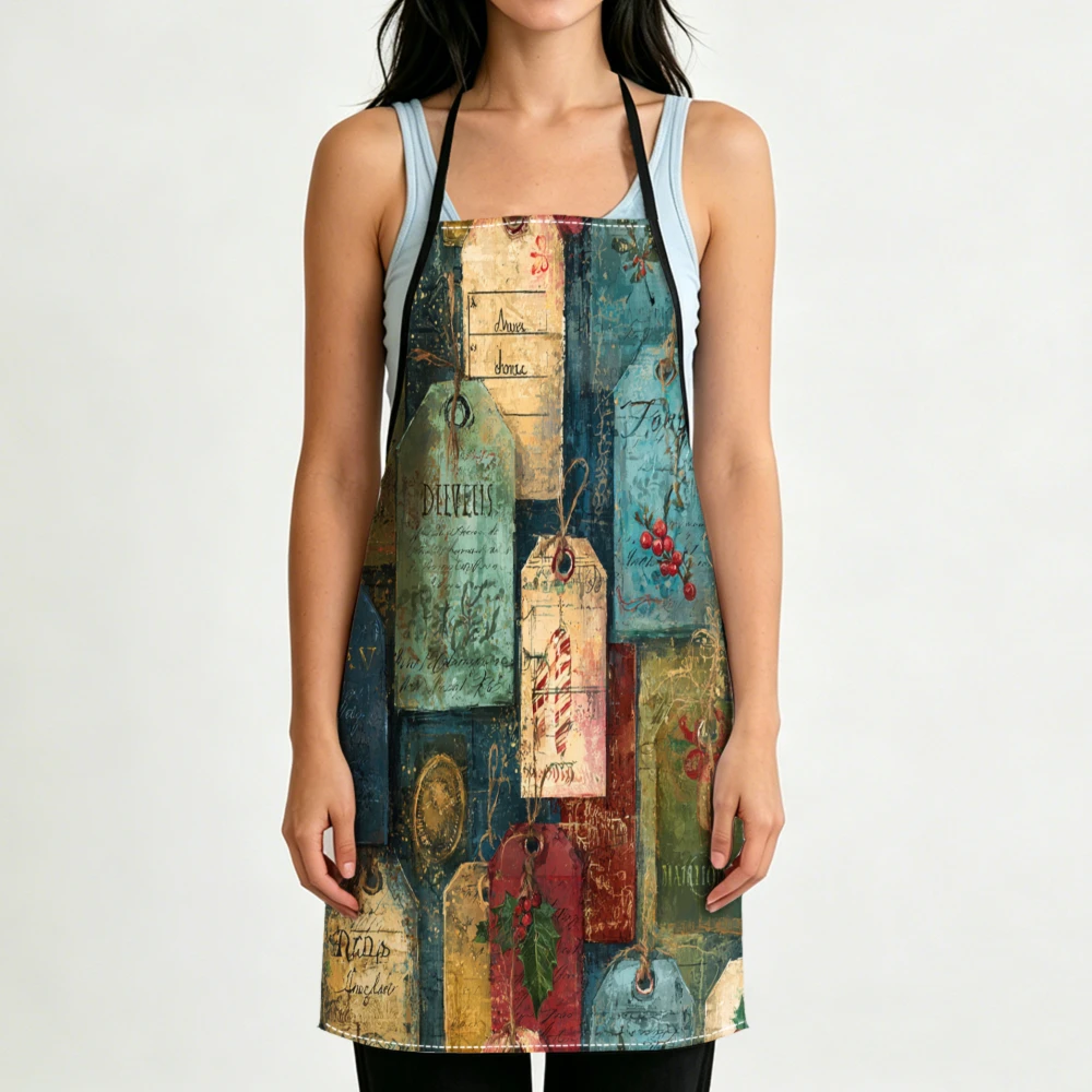 Vintage Collage Style Apron Retro Tags And Berries Print Kitchen Aprons For Cooking Baking And Home Decor Adjustable Bibs