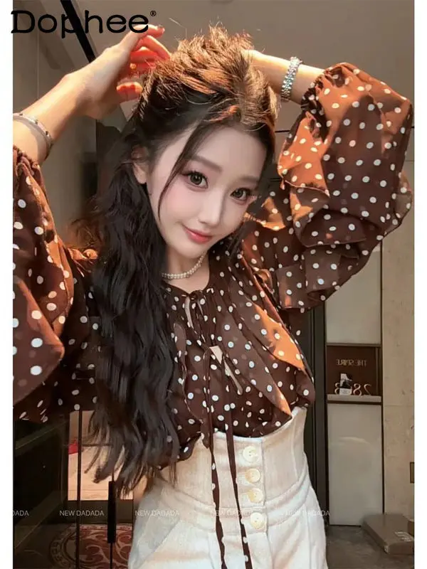 

2026 Spring New Vintage Polka Dot Puff Sleeve Ruffle Tie Polka Dot Shirt Elegant Versatile Fashionable Women's Top