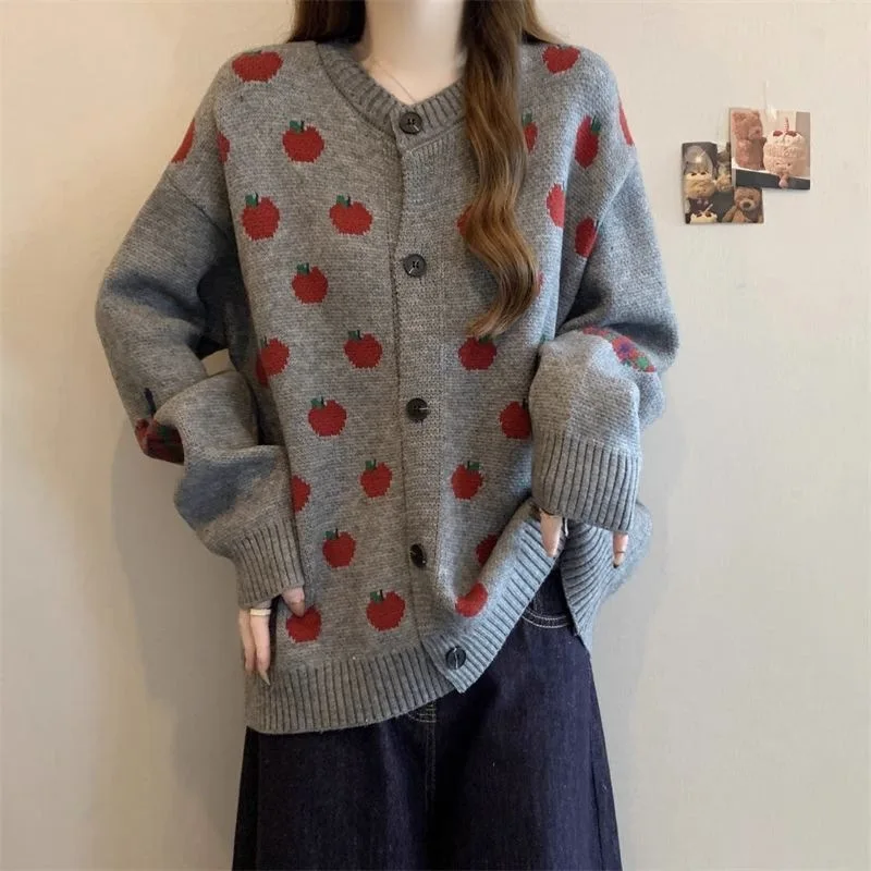 Giacca maglione cardigan lavorato a maglia jacquard mela versione coreana da donna per top snellente vestibilità ampia autunno e inverno da donna