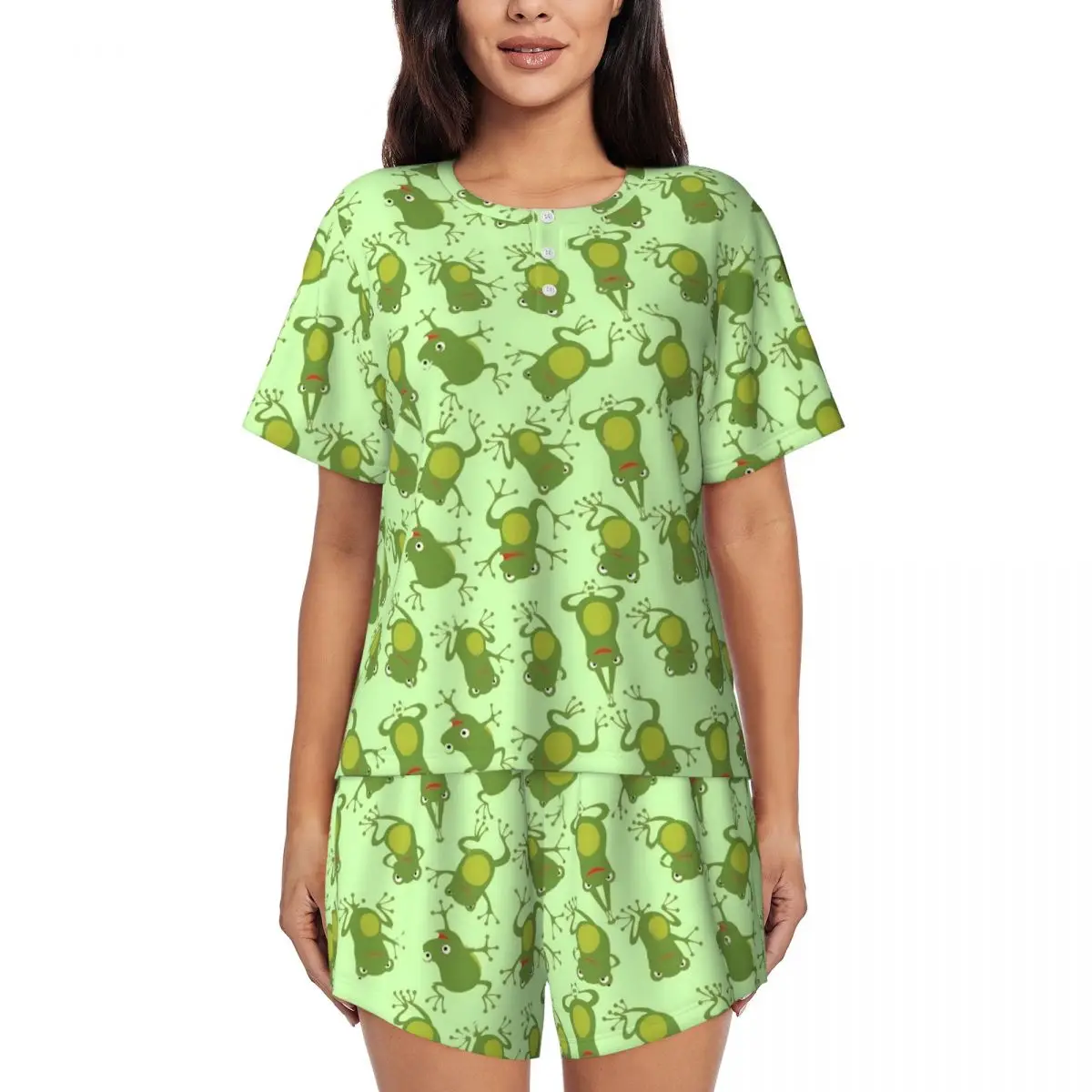 Green Frog Lovers Pajamas Short Sleeve Animal Print 2 Piece Sleep Pajama Sets Daily Female O Neck Kawaii Home Suit