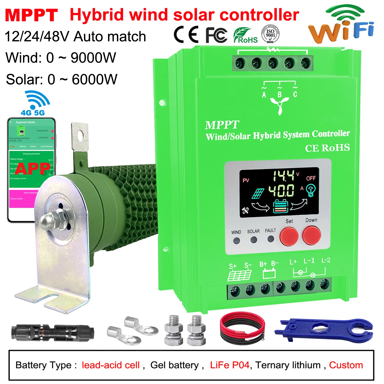 6000W Double MPPT Wind Energy Hybrid System Charge Solar Controller 12v 24v & 24v 48v Auto Regulator Home Use Windmill Generator