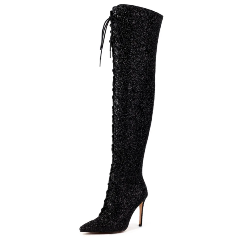Luxury Gold Silver Red Over the Knee High Boots Sequined Sexy Nightclub Dance Party Shoes Ladies Lace-up Long Boot Large Size 48