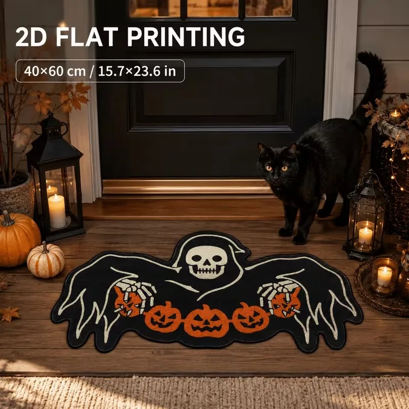 Spooky Halloween Skull Pumpkin Rug Non Slip Washable Door Mat Funny Horror Theme Carpet for Front Porch Entryway Home Decor