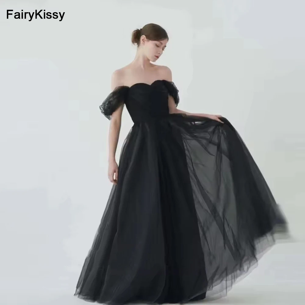 

FairyKissy Sexy Off Shoulder Black Tulle Evening Dresses Korea Photo shoot Long Prom Gowns Wedding Party Photo shoot Customized