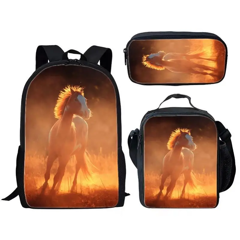 Tier, Pferd, dreiteiliges Set für Kinder und Jugendliche, Rucksack mit großem Fassungsvermögen, Essenspackung, Stifttasche