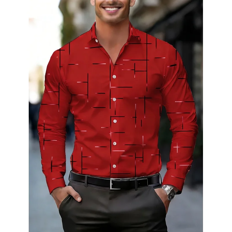 Men's Minimalist Line Print Shirt Dark Green Silver White Geometric Long Sleeve Breathable Casual Sport Top