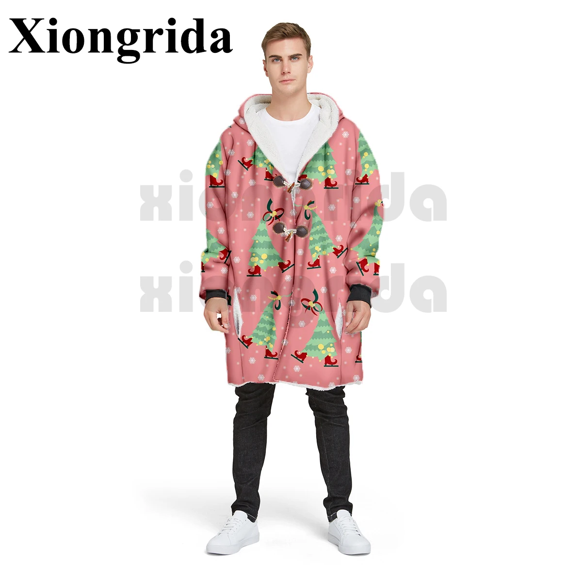 

Christmas Printed Hoodies Mens Thick Jacket X-mas Trees Print Button Overcoat Holiday Warm Hooded Sweatshirt Male Coat Top S-5XL