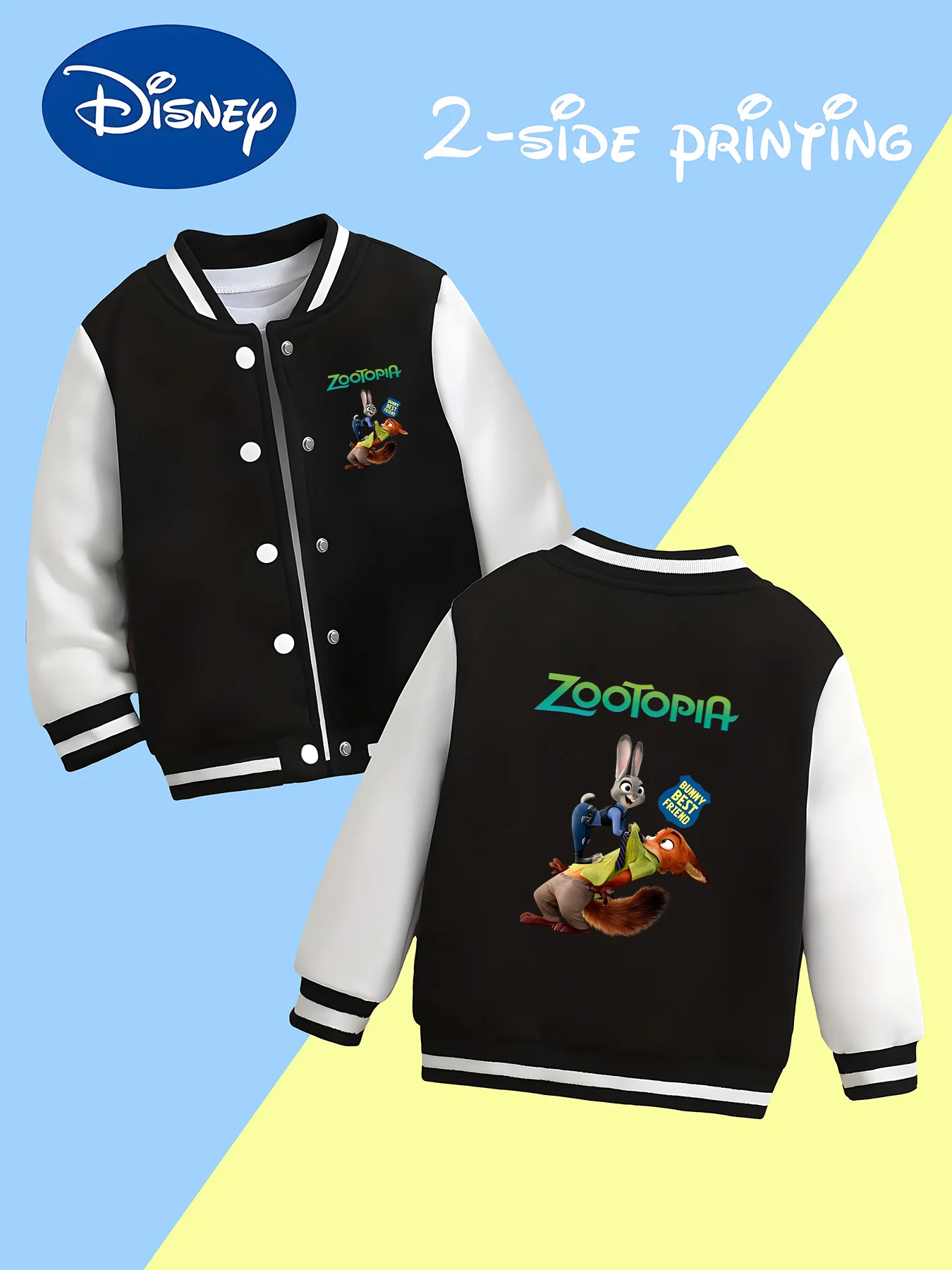 

MINISO Disney Zootopia Baseball Jacket for Boys - Double-sided Nick and Judy print, comfortable to wear for play, great fabric