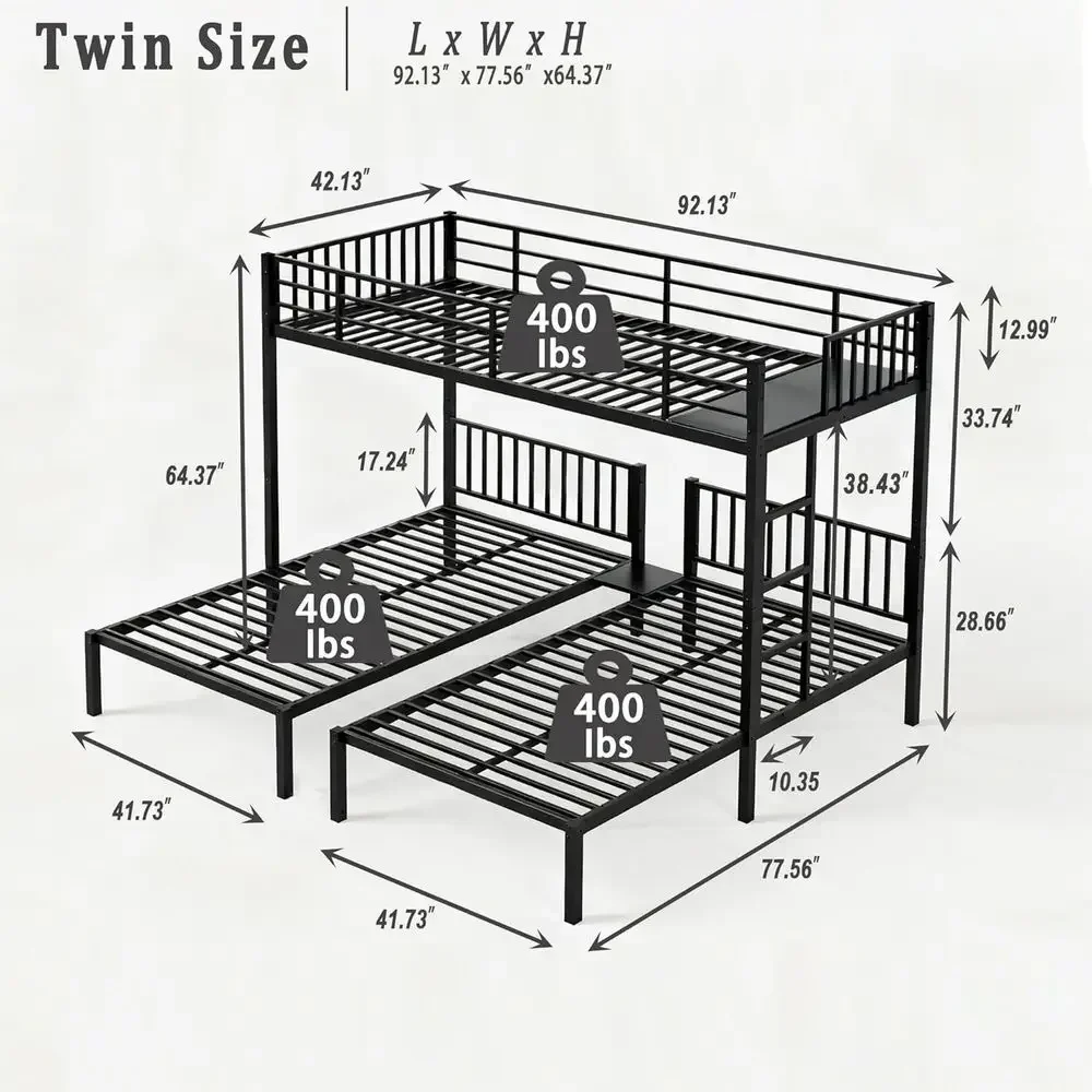 Heavy Duty Metal Triple Bunk Bed with Guardrails, Ladder, Converts to 3 Twin Beds, Ideal for 3 Kids, Black