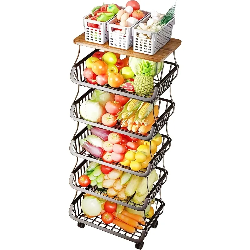 Fruit Vegetable Storage Basket with Wooden Lid, 6 Tier Stackable Wire Storage Baskets with Wheels Produce Basket Organizer