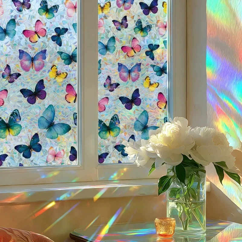 Art Stained Glass Butterfly Window Sticker, Rainbow Prism Light Refraction Static Window Film, Decorative Privacy Glass Cover