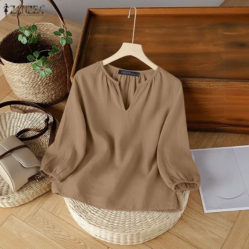 

Женские дышащие блузки ZANZEA из хлопка и льна с V-образным вырезом и рукавами 3/4, однотонные топы, лето 2026, повседневные блузы для женщин