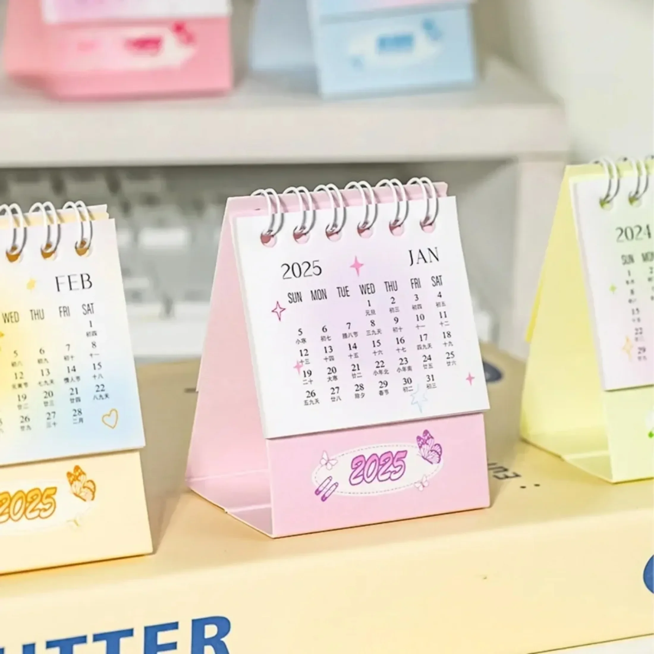 2025 Mini Table Desk Calendar Butterfly Table Calendar Desktop Decoration Creative Coil Calendar Plan