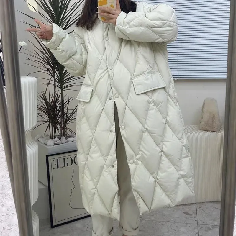 Winter Korean Style Long Cotton-padded Coat Women\'s Casual Stand-up Collar Argyle Pattern Oversized Parka Chic Jacket