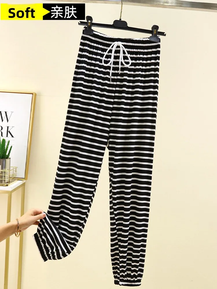 모달 스트라이프 디스트링 스파 팬츠 여성 여름 얇은 모기 방지 루즈 롱 트라우저 홈웨어 캐주얼 하란 팬츠