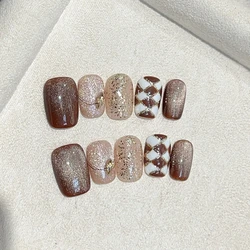 10Pcs Brown Cat Eye Short Square Fake Nails Hand Painted Checkered Star Press on False Nail with Glue Simple Full Over Nail Tips