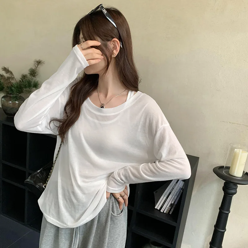 New Lazy Loose Fit Thin Sleeveless Vest Long Sleeve T-Shirt Two Piece Set Women's Spring Summer Design Sun Protection Cover up