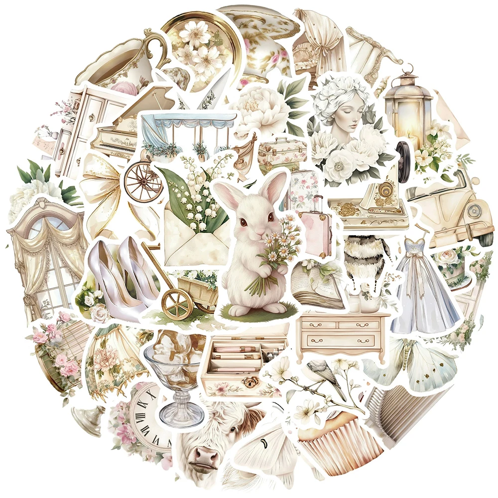 10/30/50개 인스 스타일 화이트 아트 파스토럴 라이프 스티커 레트로 미학 스티커 여행가방 기타 전화 그래피티 데칼 장식
