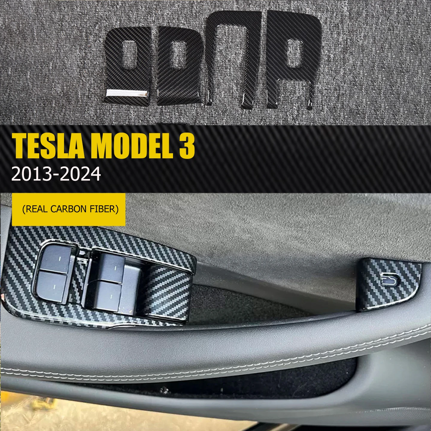 For Tesla Refresh 2013-2024 Model 3/Y True Dry Carbon Fiber Glass Lift Button Door Interior Modification