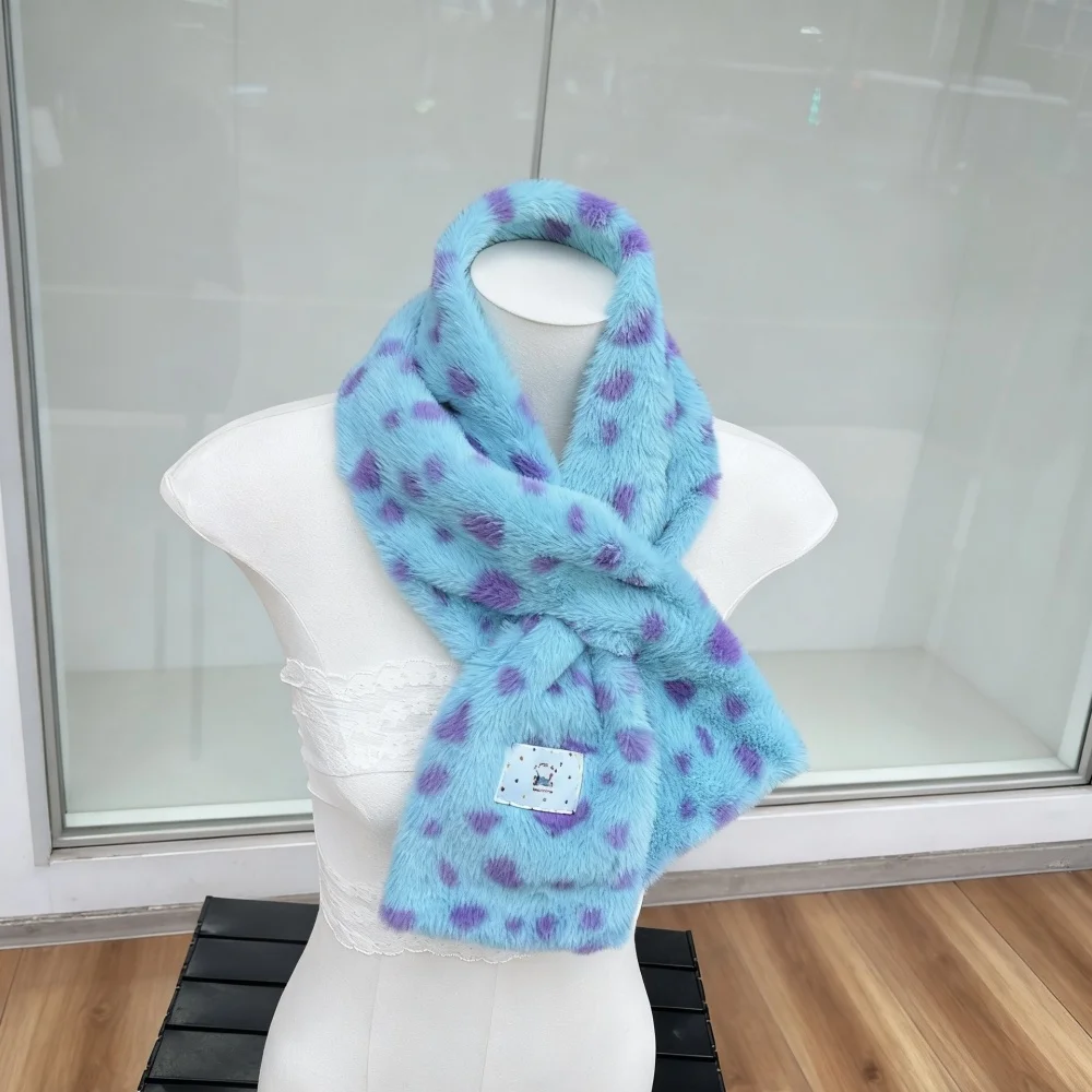Vintage Winter Faux Fur Blue leopard Print Scarf Thick Warm Plush For Imitating Otter Rabbit Korean Style Decorative Accessories