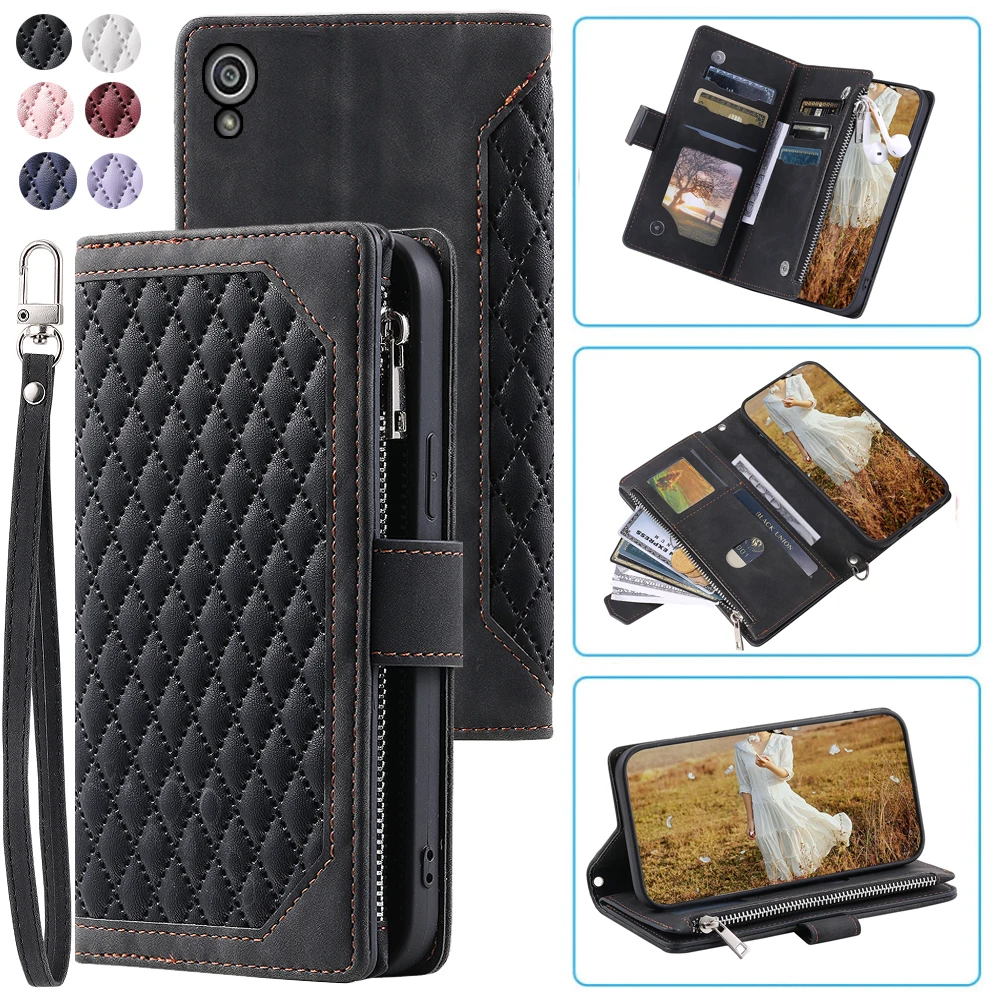 Fashion Zipper Wallet Case For Sony Xperia Z2 Flip Cover Multi Card Slots Cover Phone Case Card Slot Folio with Wrist Strap