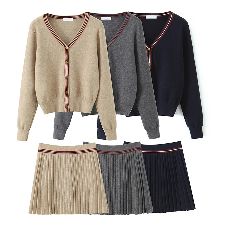 

Casual Elegant 2 Pieces Knit Set Women Spring Autumn Long Sleeve V Neck Cardigan + High Waist Pleated Skirt