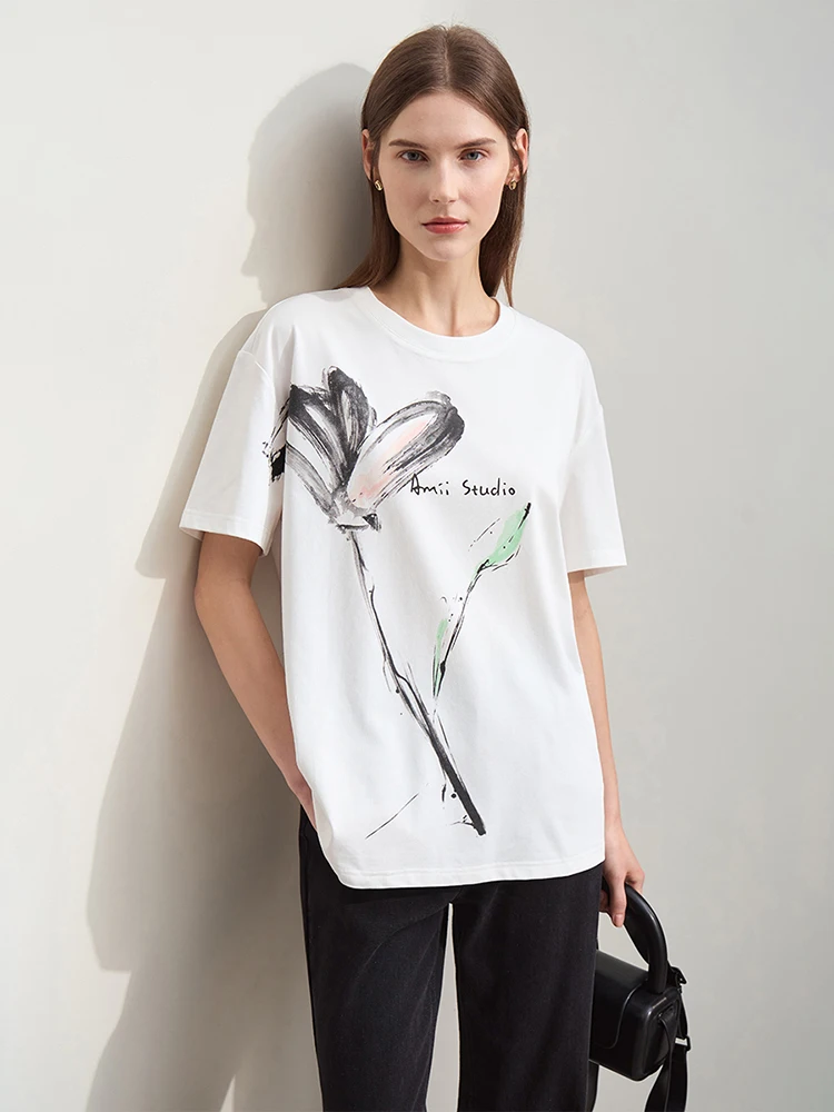 Amii Minimalism 2024 T-shirt Women Summer New O Neck Ink Art Print Cool Feeling Short sleeve Loose Cotton Tee Tops 12442185