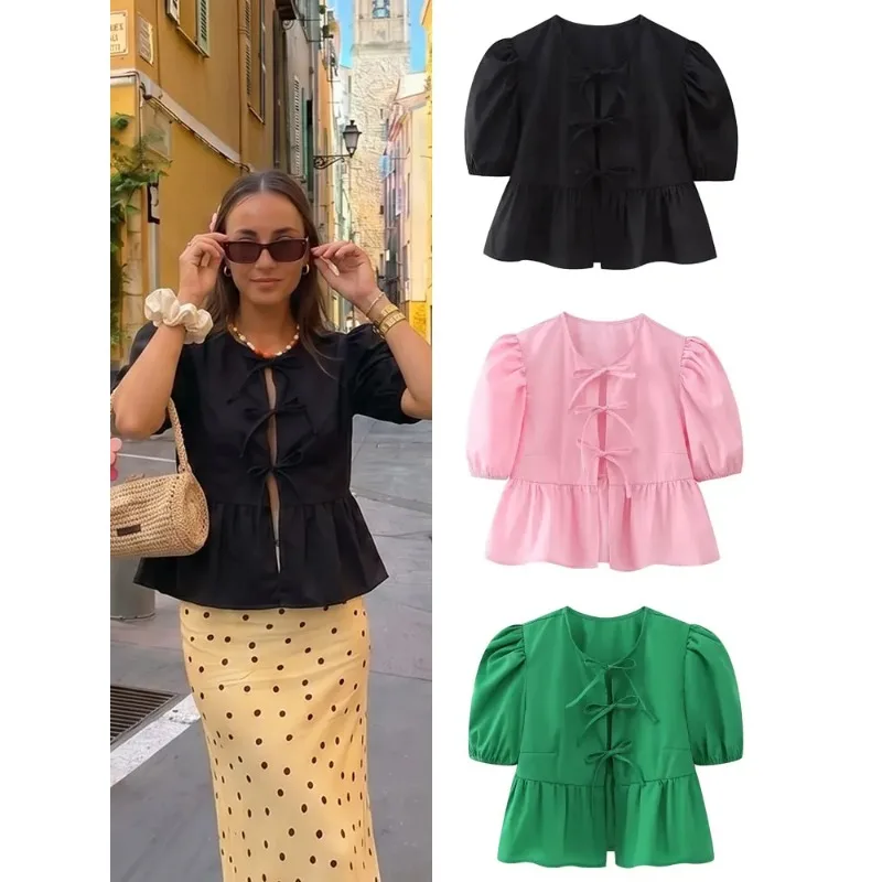 Elegant Women Solid Short Puff Sleeve Bow Blouse Casual Fashion Weekend Shirt High Street Shirt Party Beach Slim Tops