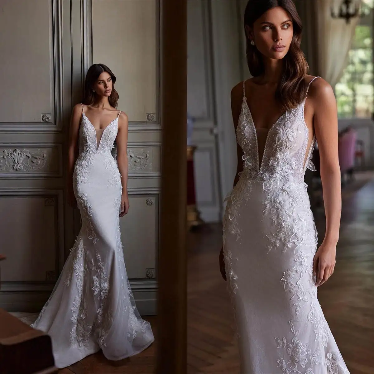 

Gorgeous Mermaid Wedding Dress Spaghetti Strap Applique Beading Bride Gowns Sweep Train Lace Bridal Dresses Custom Made