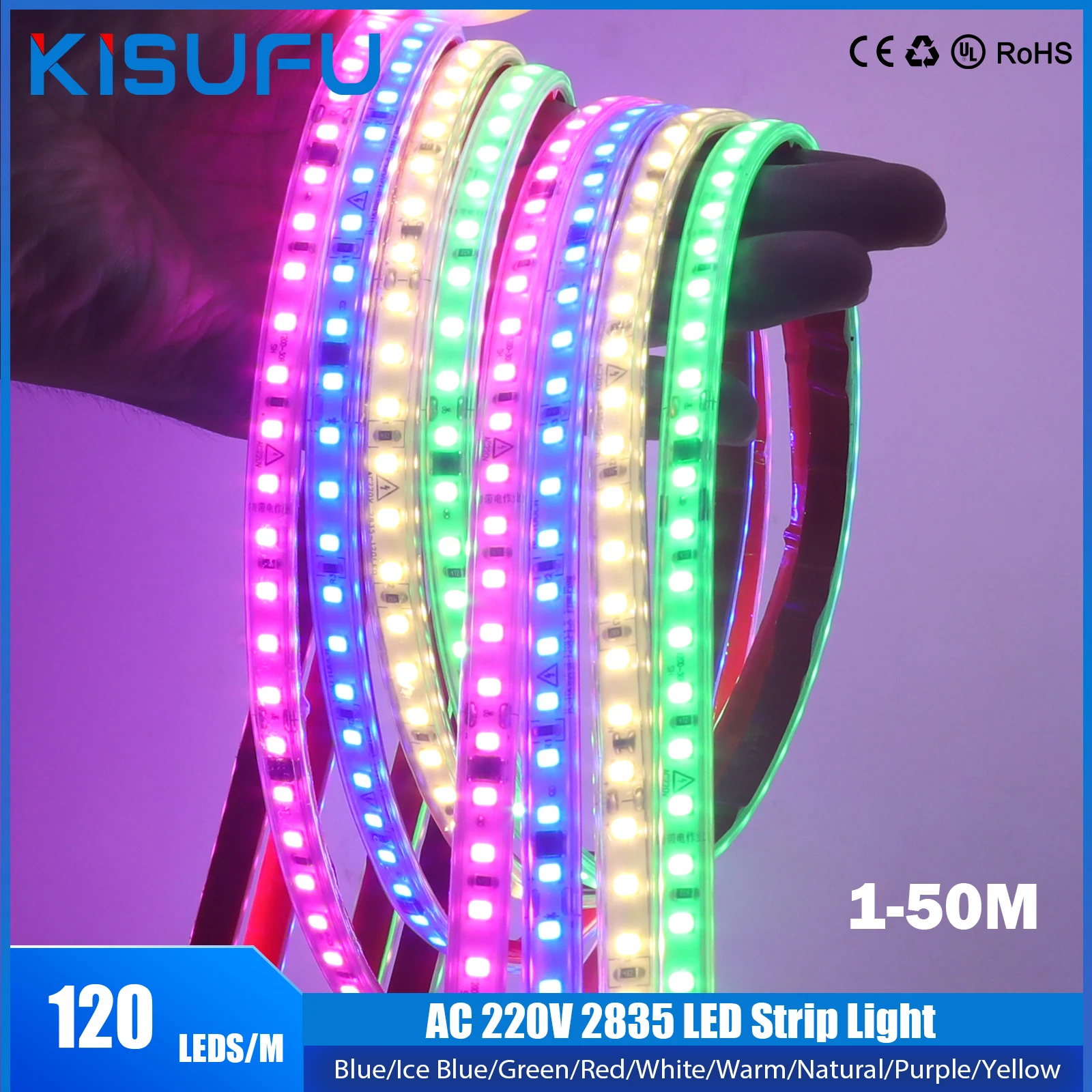 

AC 220V 2835 LED Strip Light Waterproof With EU Pulg High Bright 120LEDs/M Flexible Led Tape Diode Lamp Home Lighting 9 Colors
