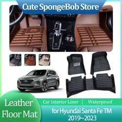 Car Leather Floor Mat for Hyundai Santa Fe TM 2019~2023 2020 Foot Interior Liner Waterproof Carpet Pad Custom Part Accessories