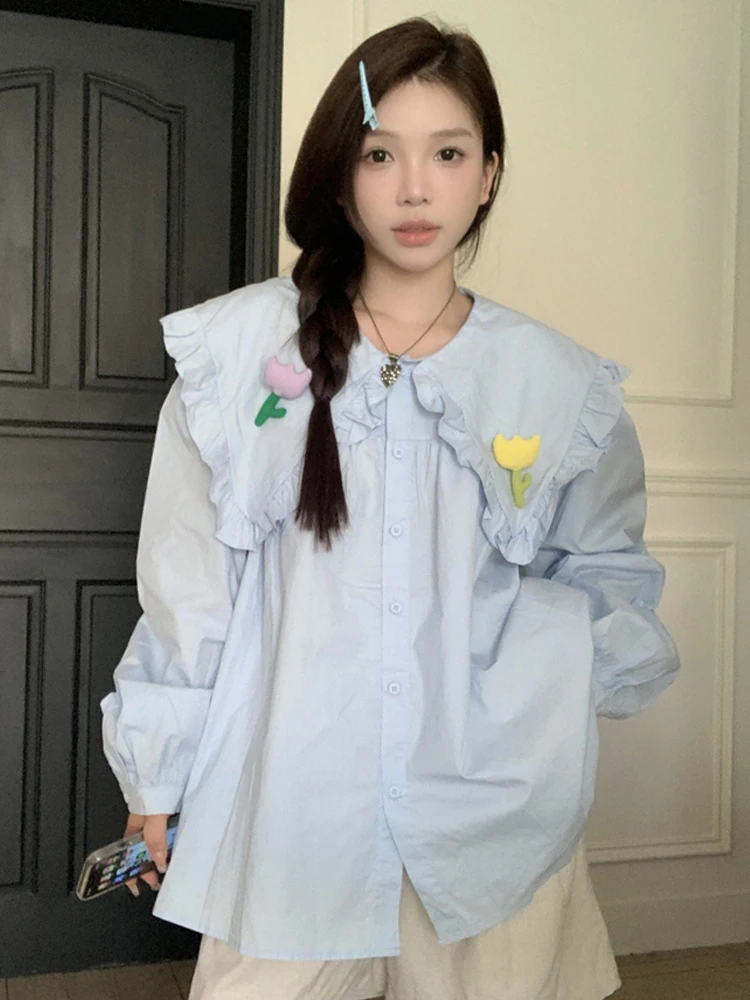 KIMOKOKM Autumn Sweet Women Shirt Peter Pan Collar Three-dimensional Flower Single Breasted Kawaii Full Sleeve Sweetheart Shirt